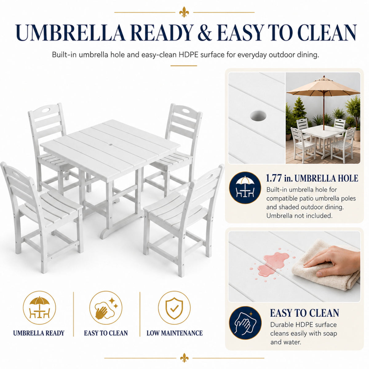 Juego de comedor para patio exterior, mesa cuadrada con orificio para sombrilla y sillas sin brazos