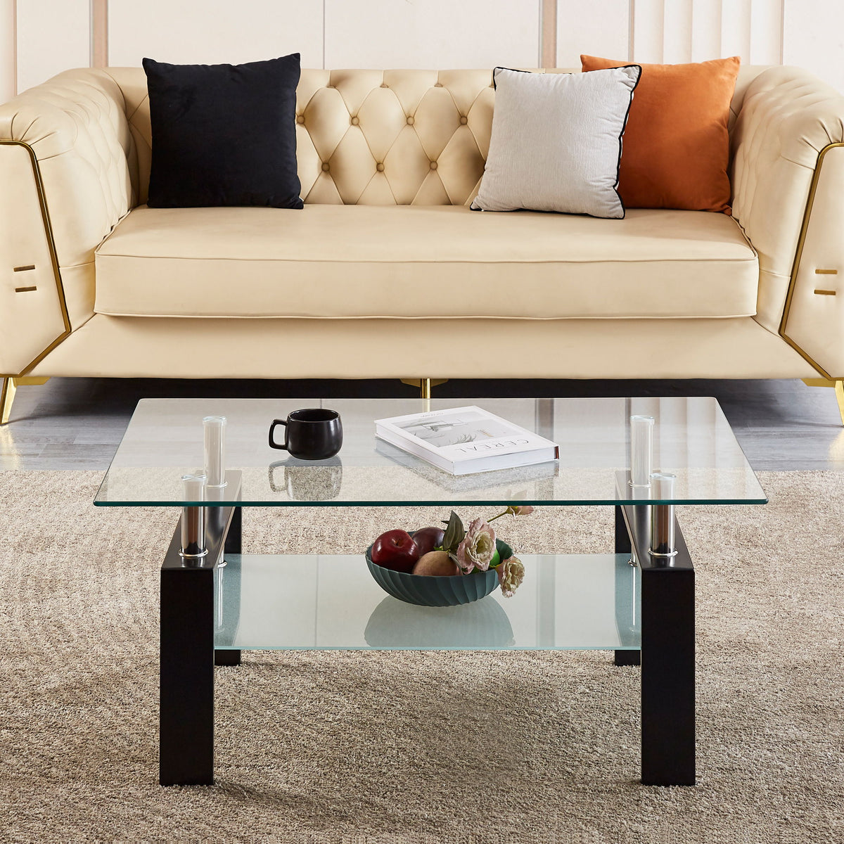 Mesa de centro moderna de lujo de vidrio templado con 2 niveles