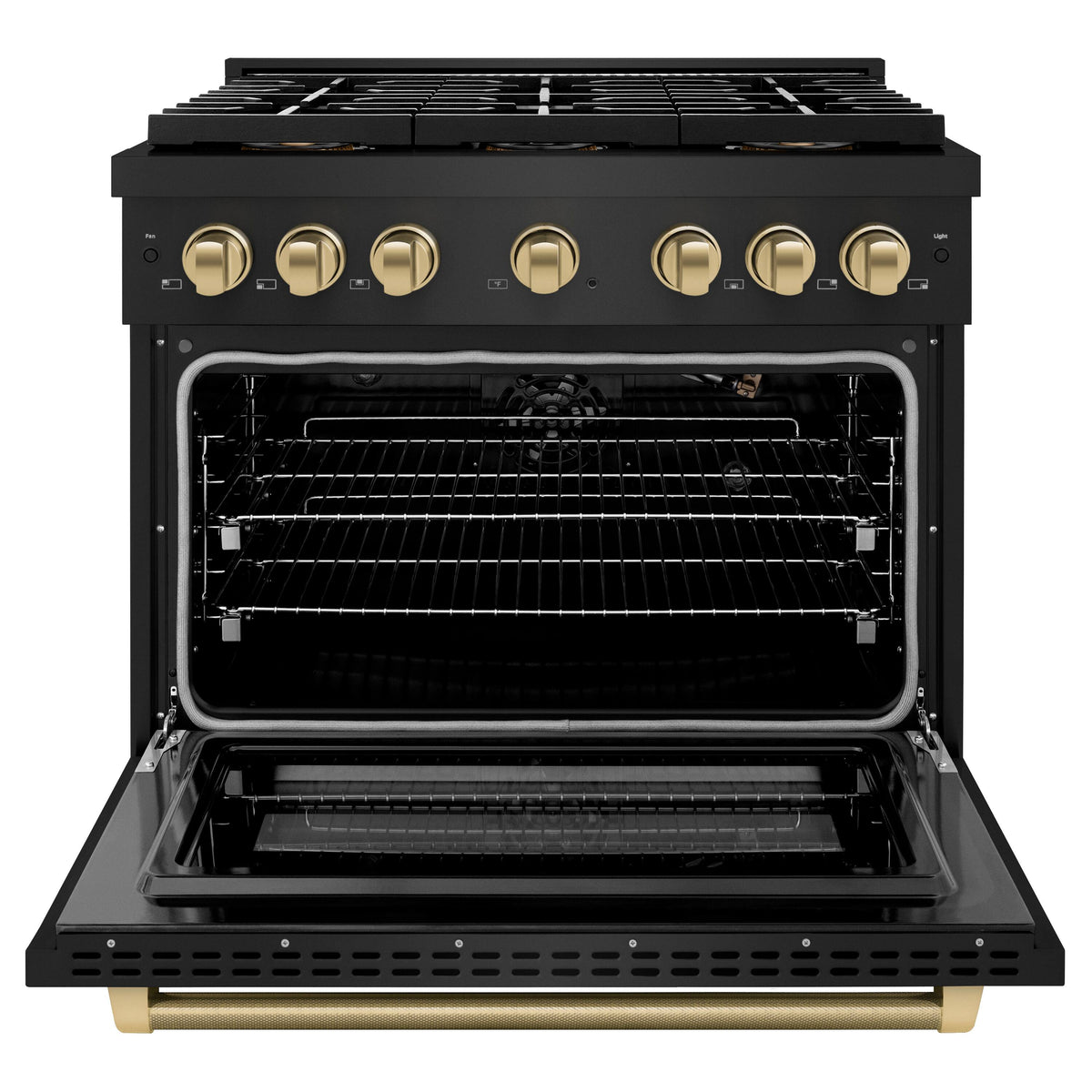 ZLINE - 36 in. Wide 6 Burner Autograph 5.2 Cu. Ft. Freestanding Paramount DuoPro Gas Range with Champagne Bronze Helix Handle - Black Stainless Steel