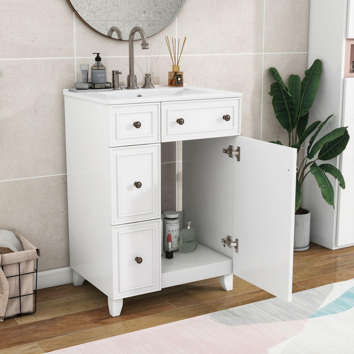 Transitional Style Bathroom Vanity Cabinet With Ceramic Sink