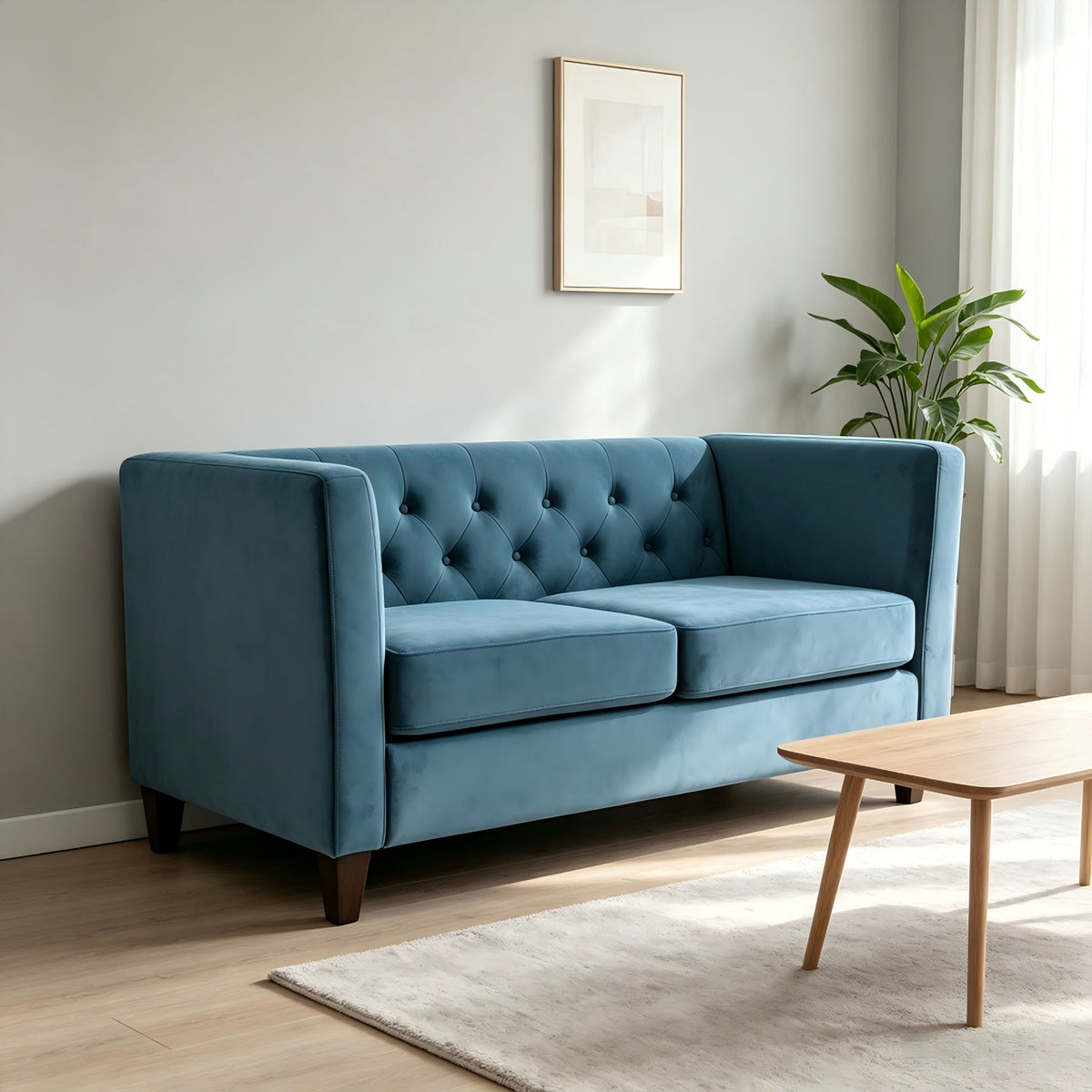 Sofá de dos plazas con botones capitoné, tapizado y con brazos cuadrados para sala de estar - Azul marino