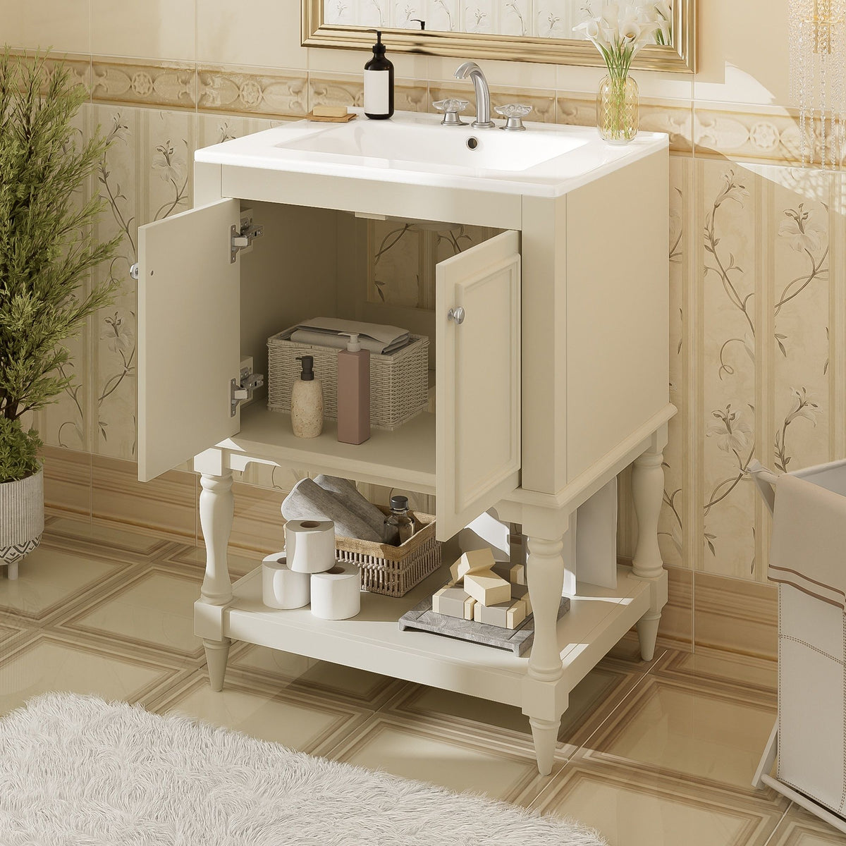 Mueble de baño moderno con lavabo, gabinete rectangular con estante abierto y almacenamiento cerrado