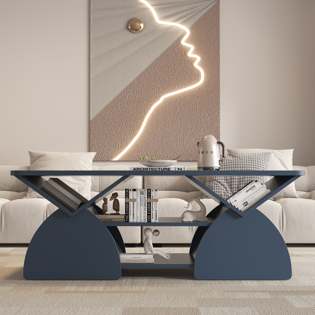 Mesa de centro de diseño geométrico con esquinas redondeadas y estantes abiertos