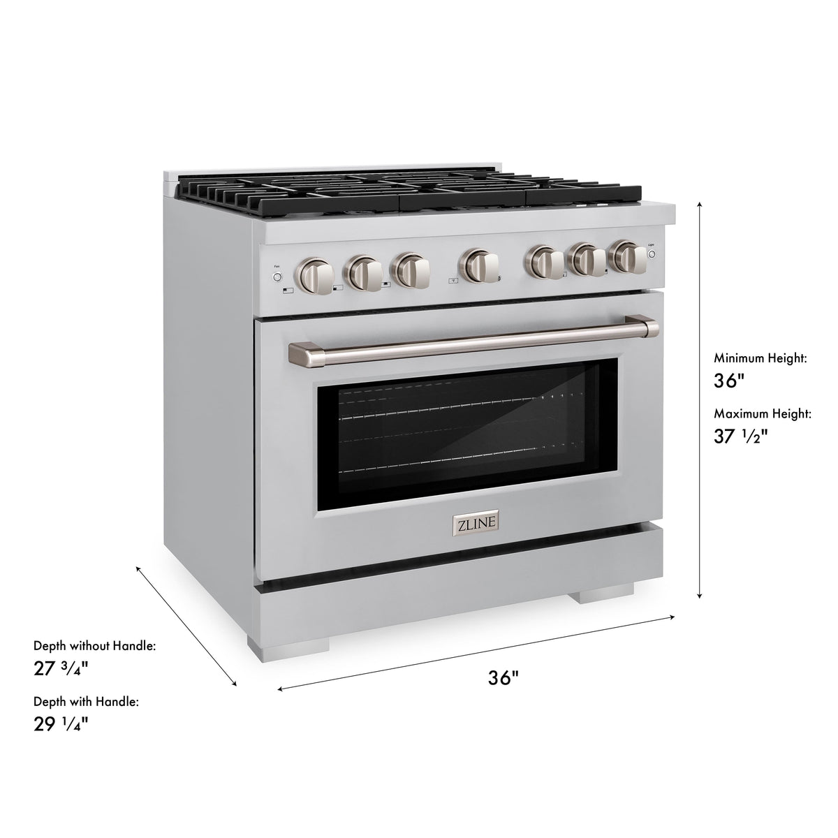 ZLINE - 36 in. Wide 6 Burner 5.2 cu. ft. Paramount Freestanding Gas Range Cooktop and Convection Gas Oven in Stainless Steel - Stainless Steel