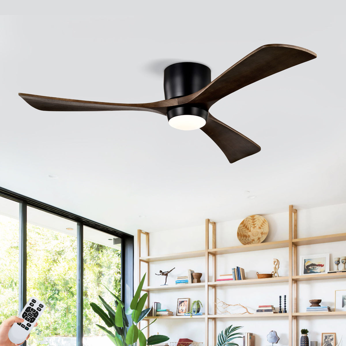 Ventilador de techo de montaje empotrado con luces y control remoto, motor de CC silencioso, 6 velocidades, ventilador de techo reversible para sala de estar - Negro mate