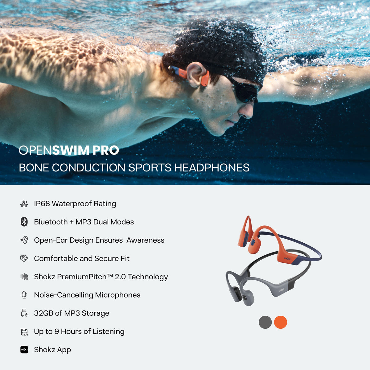 Shokz - OpenSwim Pro Wireless Bone Conduction Open-Ear Bluetooth Sports Headphones - Gray