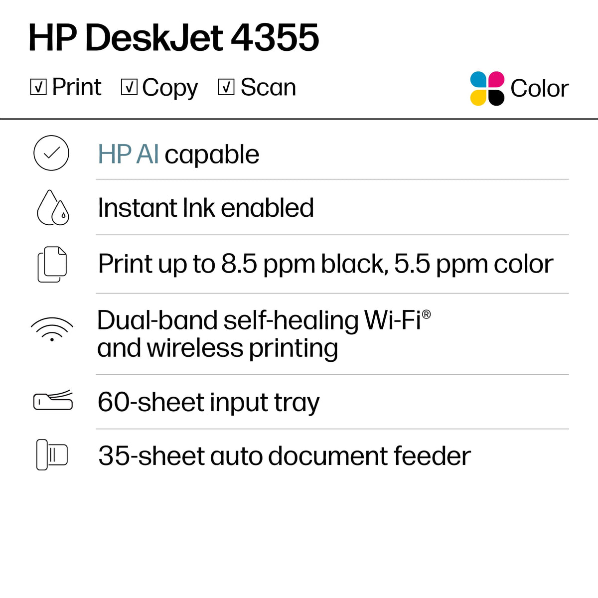 HP - DeskJet 4355 Wireless AI-Enabled All-in-One Inkjet Printer with 3 Months of Instant Ink - Black