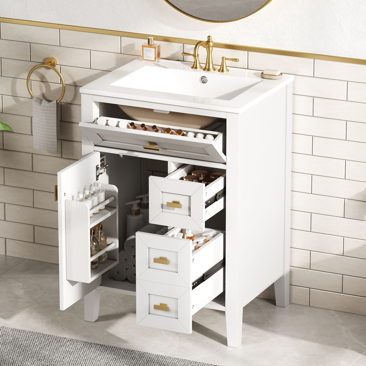 Tocador de baño con lavabo, 3 cajones y gabinete con estante de almacenamiento de 2 niveles en la puerta, puertas y cajones con cierre suave