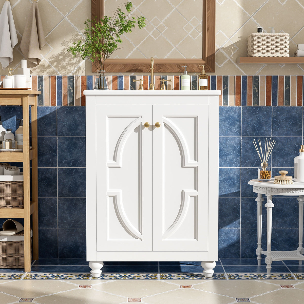 Tocador de baño con motivo elíptico ornamentado, bisagras de cierre suave