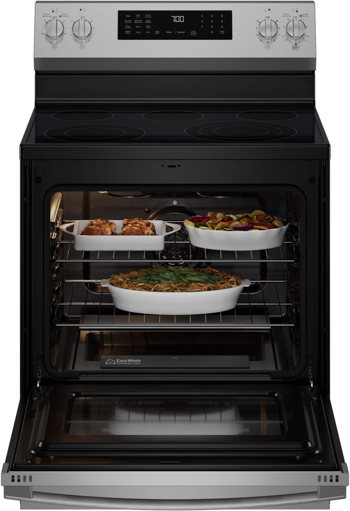 GE Profile - 30" Wide 5 Elements 5.3 Cu. Ft. Freestanding Electric Convection Range w/ Steam Clean, Air Fry, and EasyWash Oven Tray - Stainless Steel