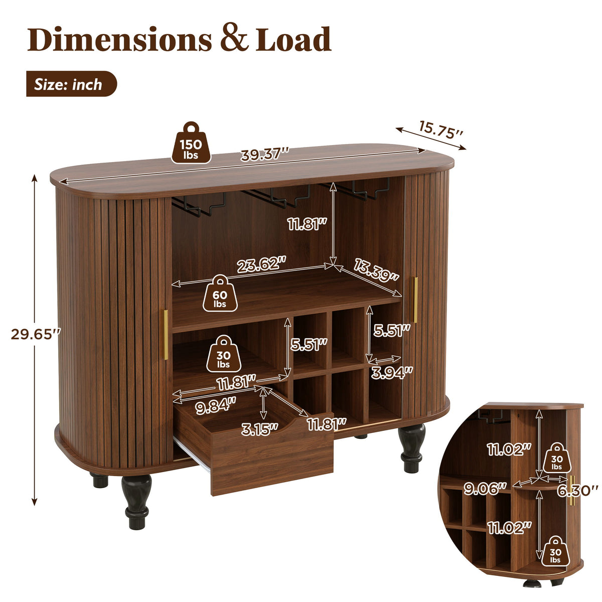 Mueble bar estriado para licores y café con 6 botelleros y 3 soportes para copas