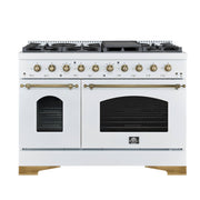 Forno Appliances - 48 in. Wide 8 Burner Antico 5.5 Cu. Ft. Freestanding Double Oven Dual Fuel Convection Range with Antique Brass Accents - White