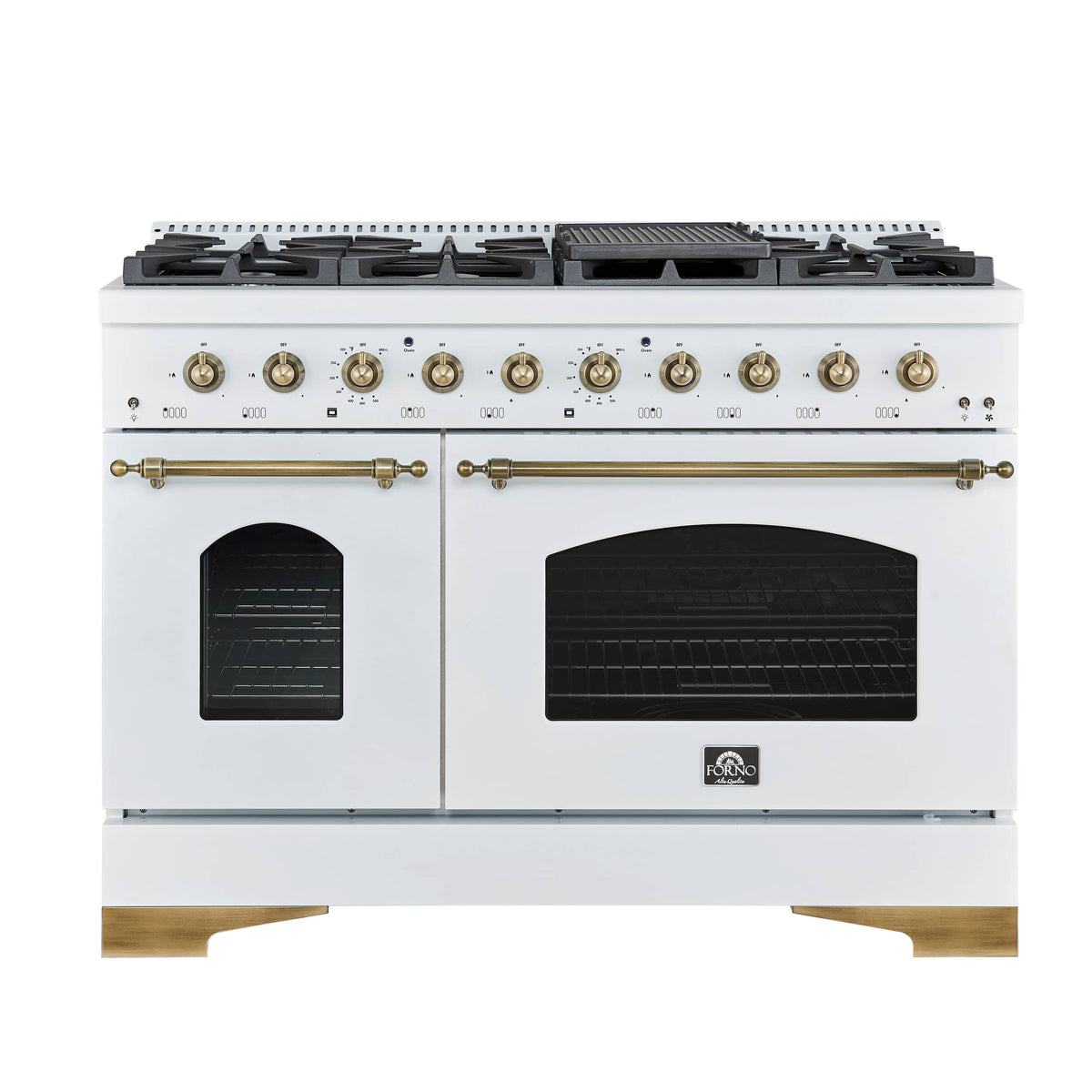 Forno Appliances - 48 in. Wide 8 Burner Antico 5.5 Cu. Ft. Freestanding Double Oven Dual Fuel Convection Range with Antique Brass Accents - White