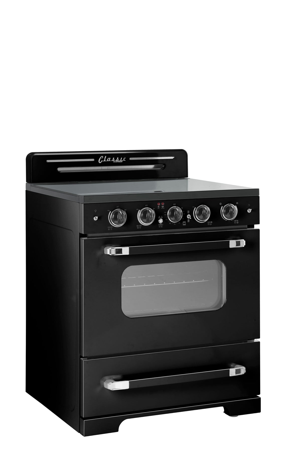 Unique Appliances - 30 in. Wide 5 Elements Classic Retro 3.9 Cu. Ft. Freestanding Electic Convection Range with Glass Top and Storage Drawer - Midnight Black