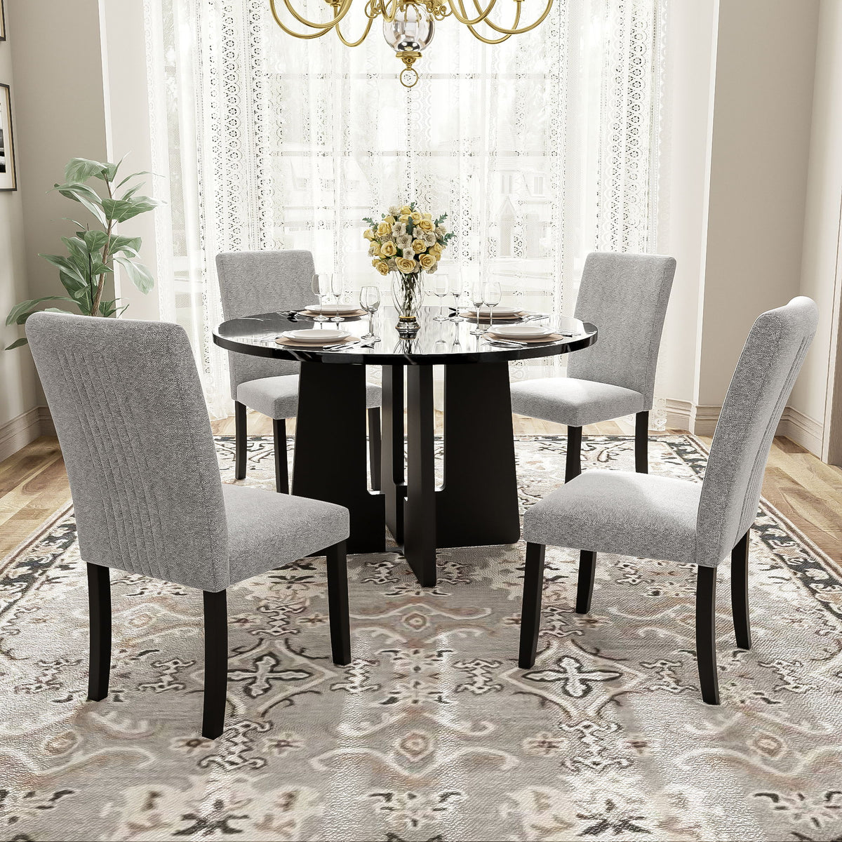 5 Piece Round Dining Table Set, Modern Table And 4 Upholstered Chairs For Dining Room