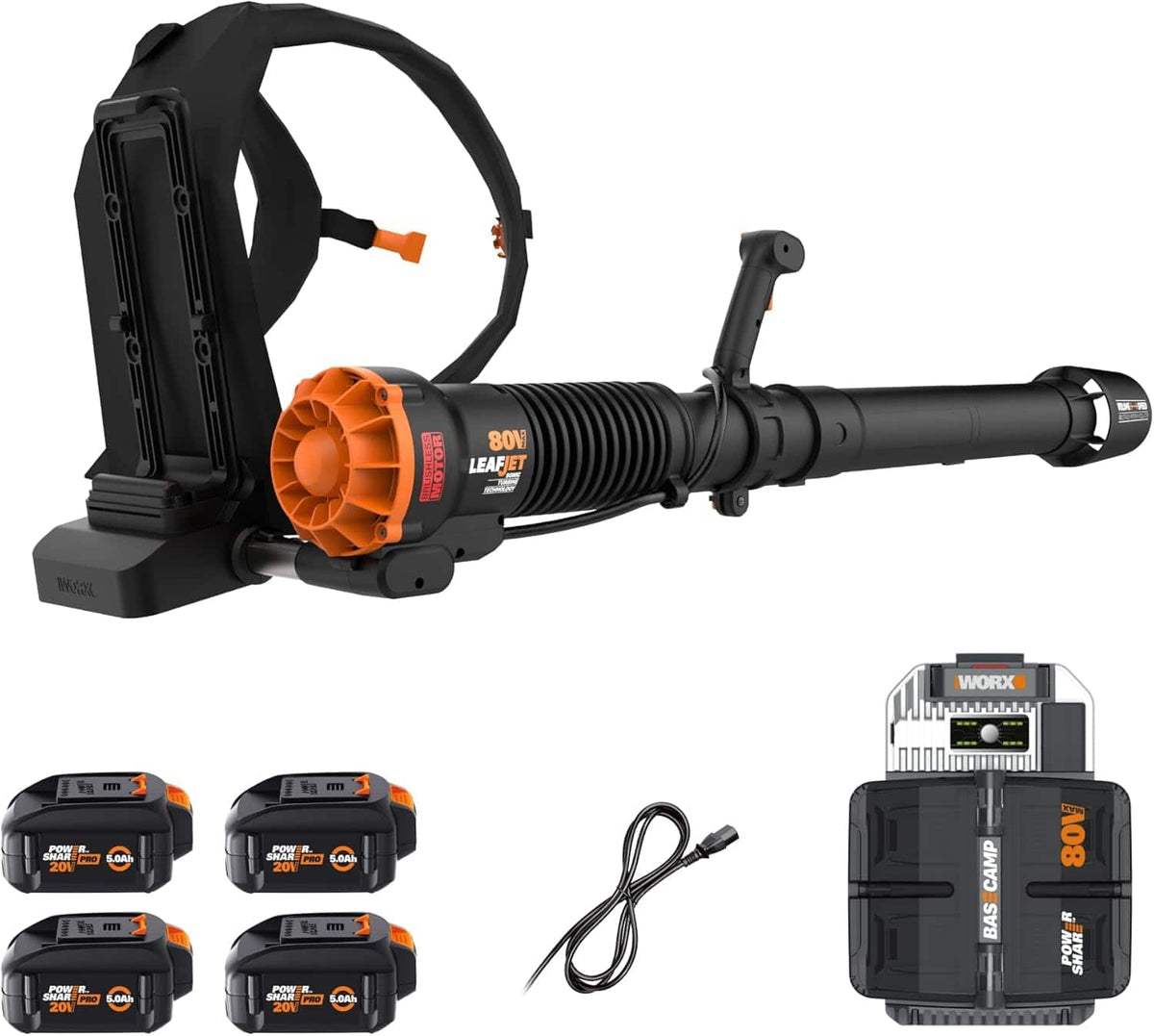 WORX - Nitro 80V LEAFJET Cordless Backpack Leaf Blower, 800 CFM - 150 MPH (4 x 5.0 Ah Batteries & 1 Basecamp Charger Included) - Black