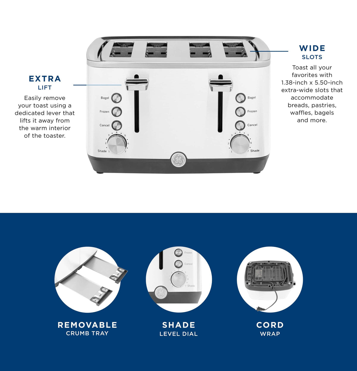 GE - 4-Slice Toaster with 7 Shade Settings and Extra Wide Slots - Snow White