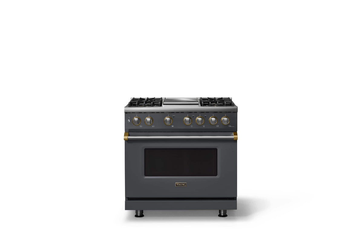 Viking - 36 in. Wide 4 Burner Pro 5 Series 5.6 Cu. Ft. Freestanding Sealed LP DF Convection Rangewith Griddle Brushed Brass Trim - Cast Black