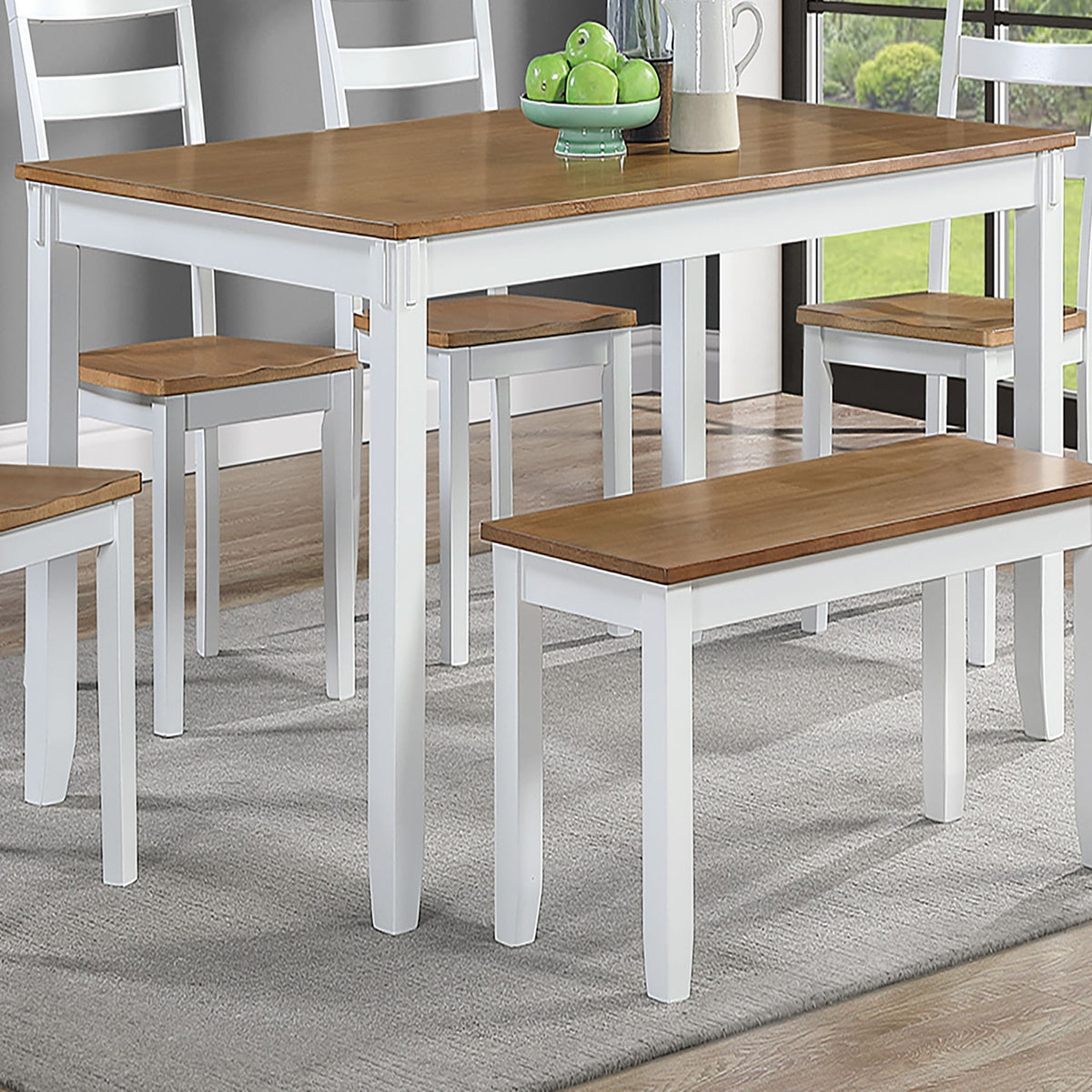 Juego de comedor de 6 piezas: mesa con 4 sillas laterales y banco - Marrón claro / Blanco