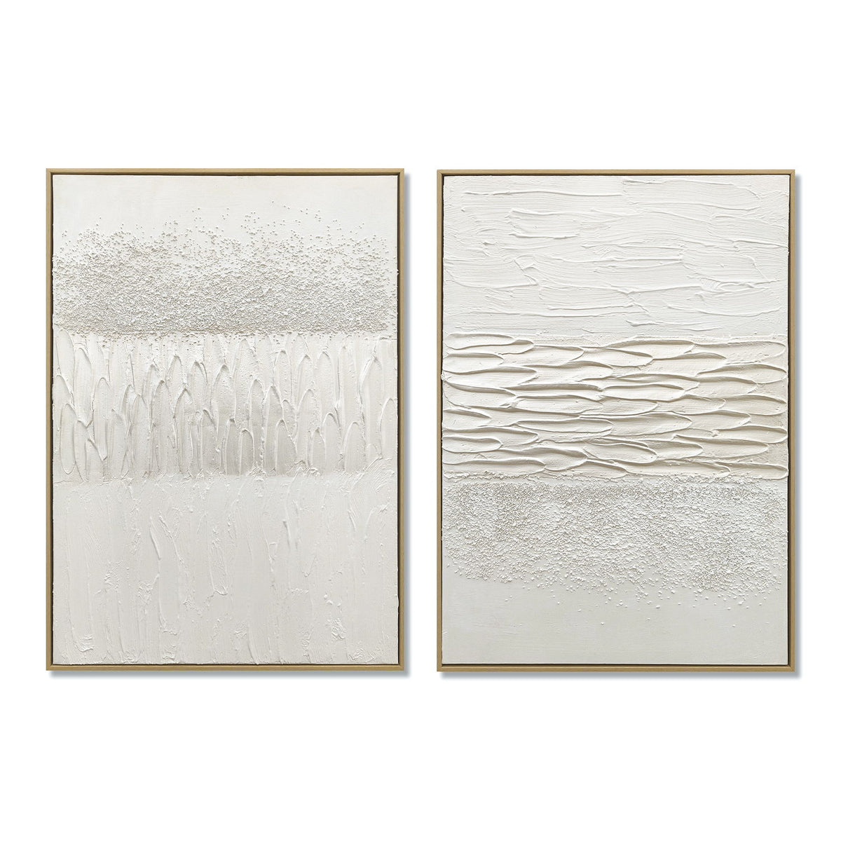 Arte de pared abstracto enmarcado, pintura sobre lienzo con textura gruesa y detalles de piedra (juego de 2) - Blanco antiguo