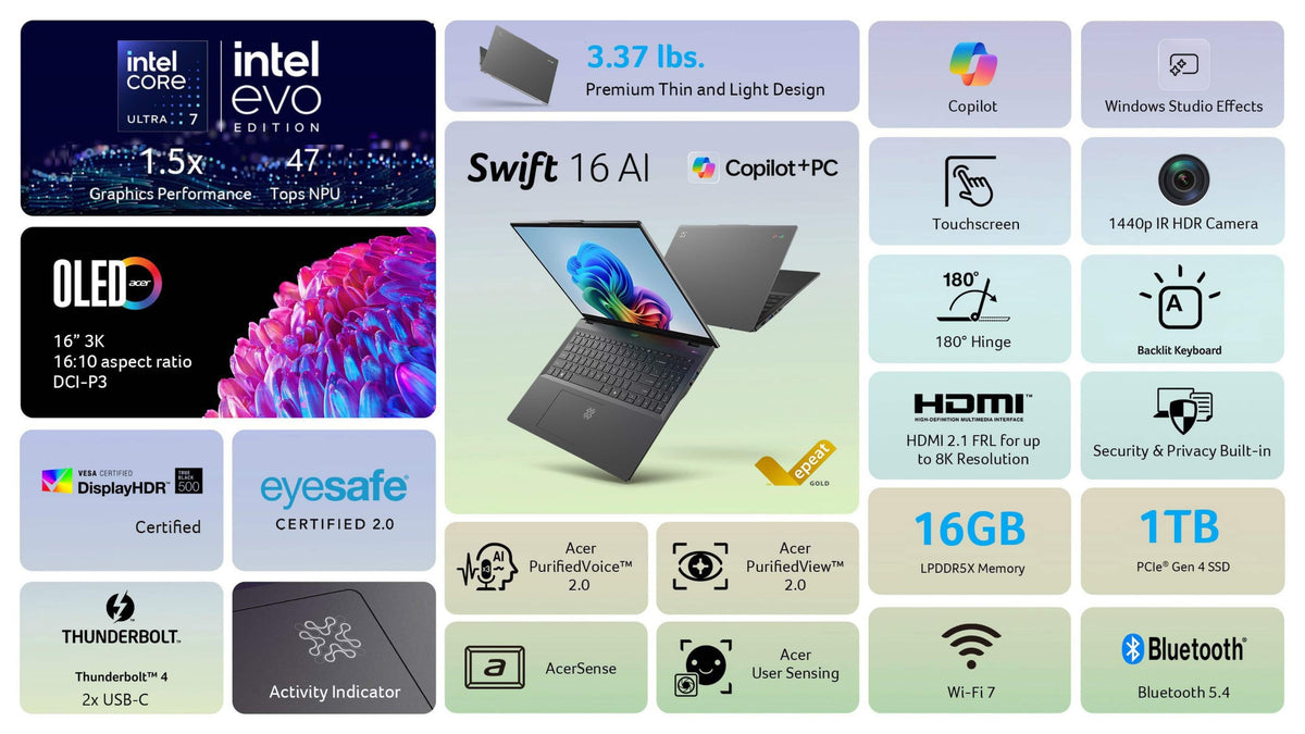 Acer - Swift 16 AI - 16" 3K OLED Touch Laptop - Copilot+ PC – Intel Core Ultra 7 Series 2 – 16GB Memory – 1TB SSD - Ice Black