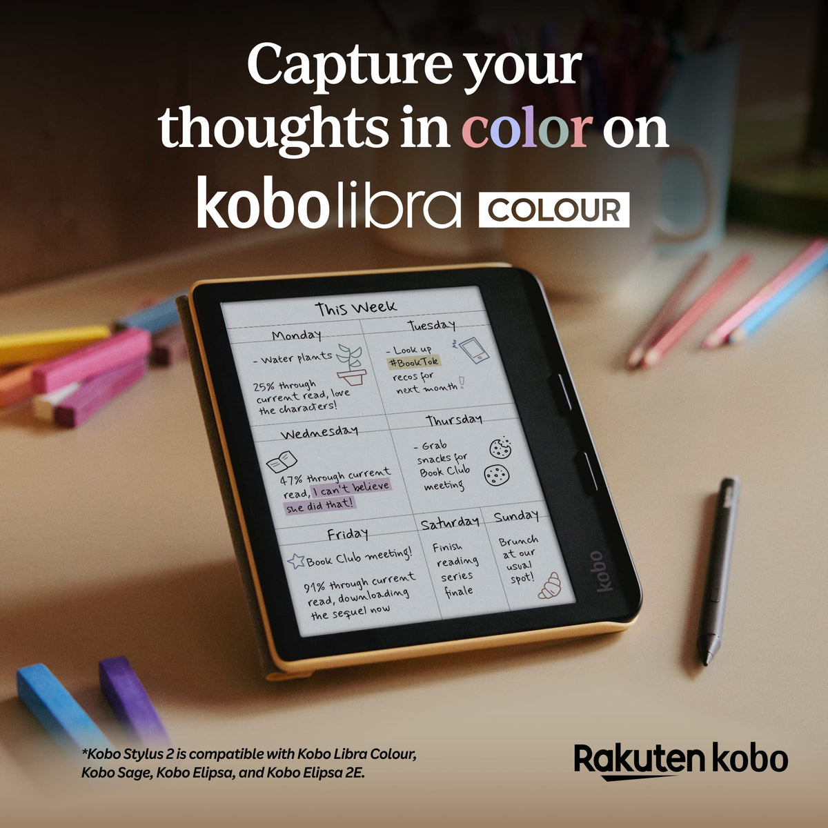 Kobo - Stylus 2- Mark Up, Write Notes and Make Highlights-Rechargeable via USB-C-Compatible with 7" Libra Color eReader - White