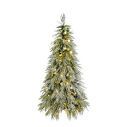 5Ft Pre Lit Spruce Snow Flocked Christmas Tree With LED Lights, Artificial Hinged Xmas Tree - White / Green
