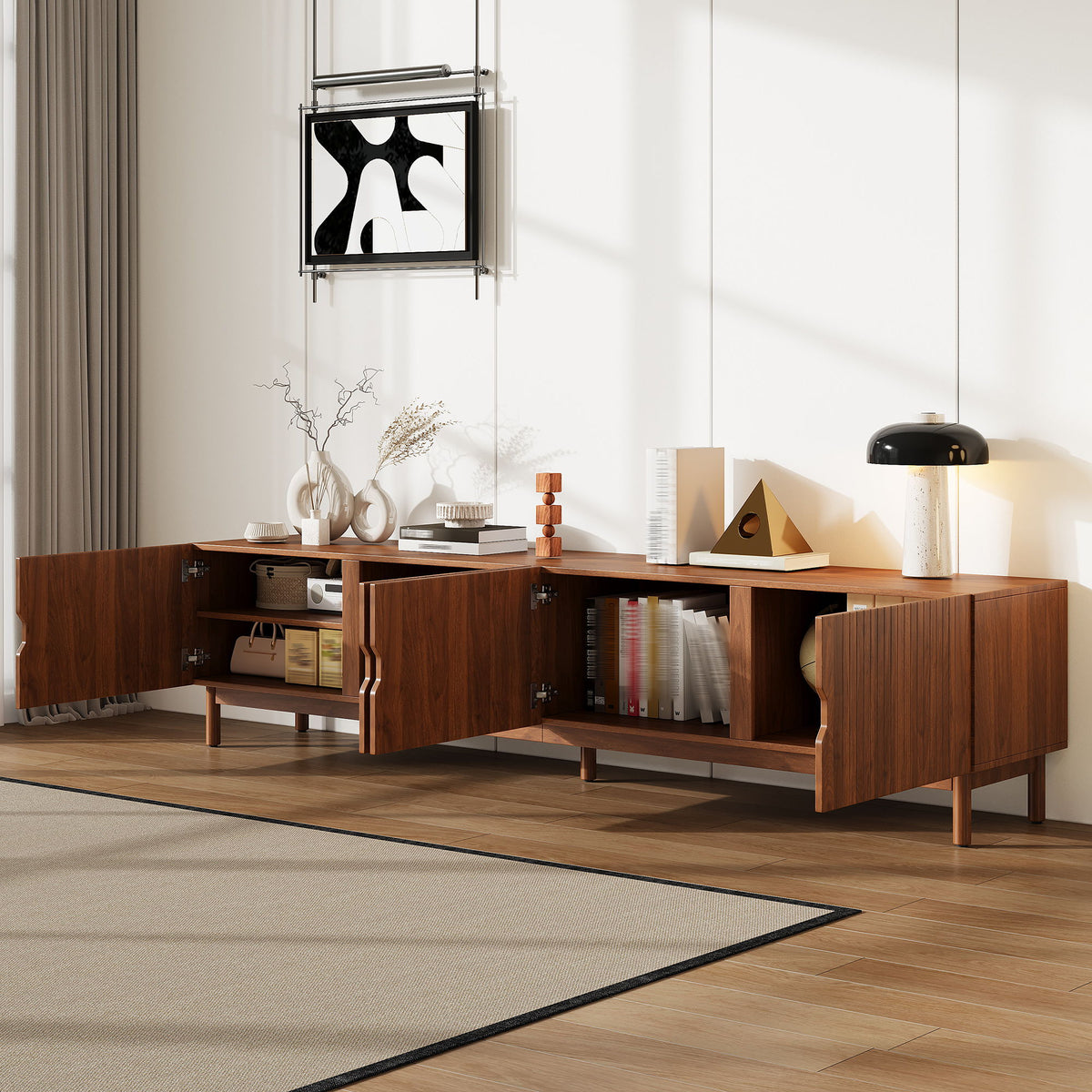 TV Stand With Legs, Media Console, 4 Cabinets For Living Room - Natural Wood