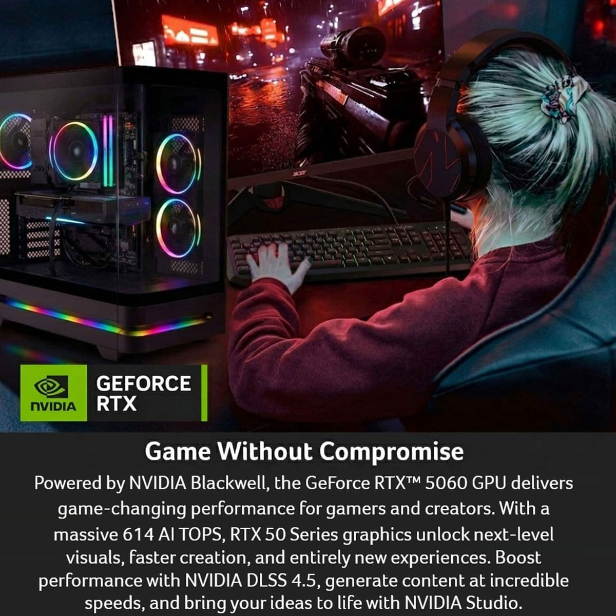 Acer - Nitro 65 Gaming Desktop - AMD Ryzen 7 8700F 2024 - NVIDIA GeForce RTX 5060 - 16GB DDR5 Memory – 1TB Storage - Black