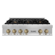ZLINE - Autograph 36 in. Legacy Gas Rangetop with 6 Burners in Satin Steel with Bronze Accents - Satin Stainless Steel