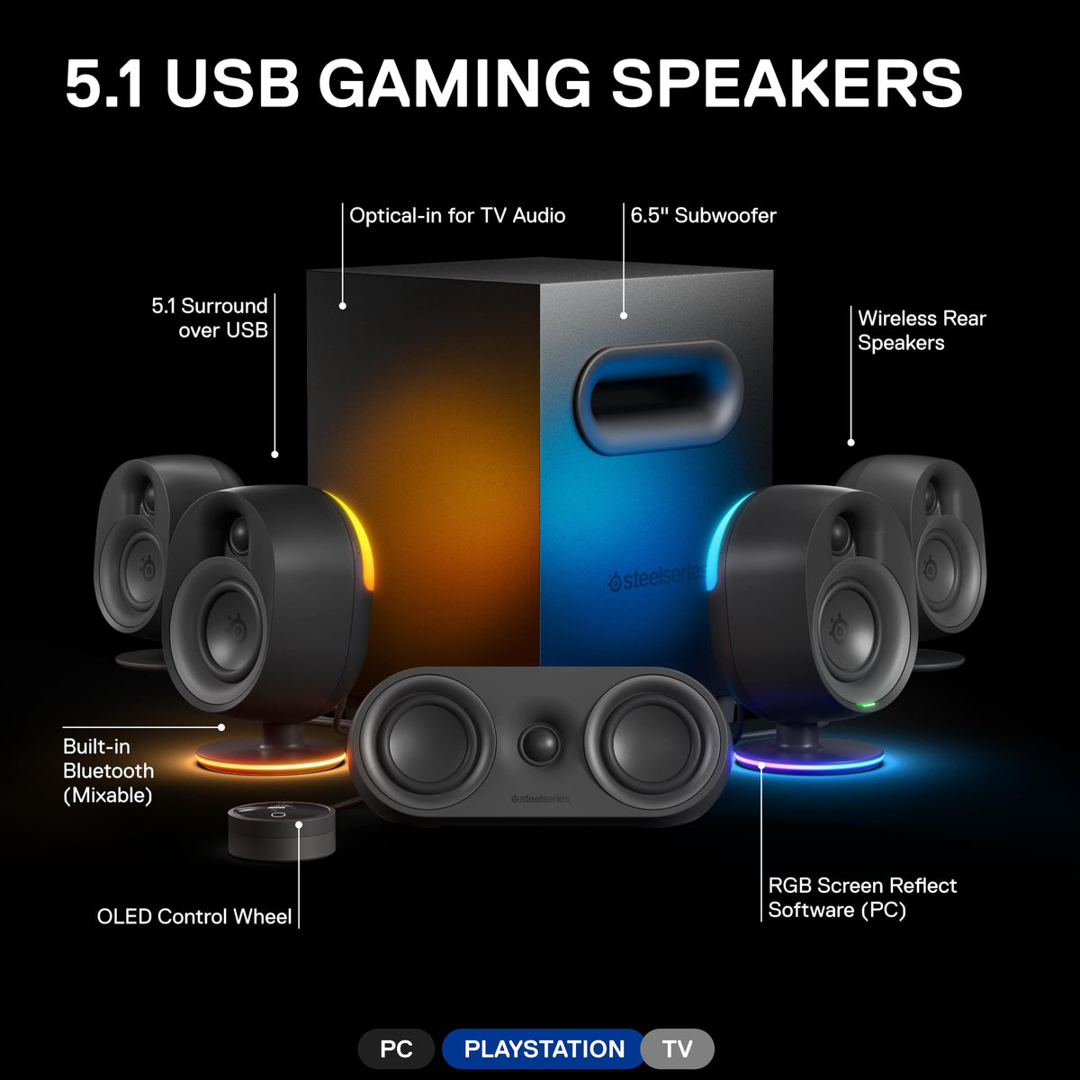 SteelSeries - Arena 9 5.1 Bluetooth Gaming Speakers with RGB Lighting (6 Piece) - Black