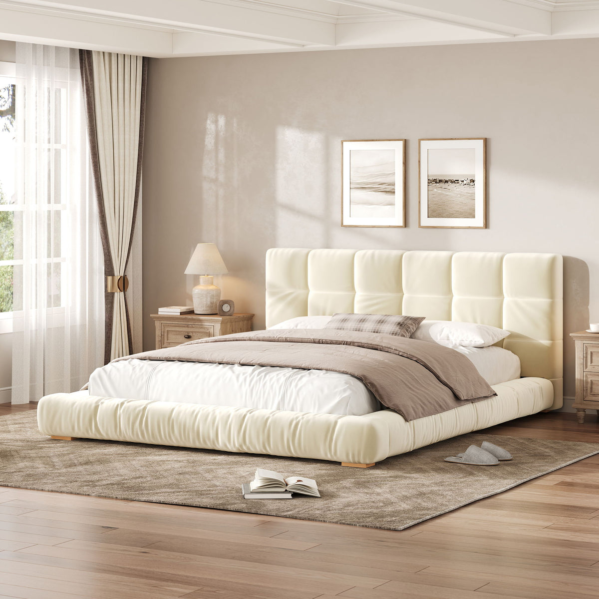 Base de cama tapizada con cabecero capitoné