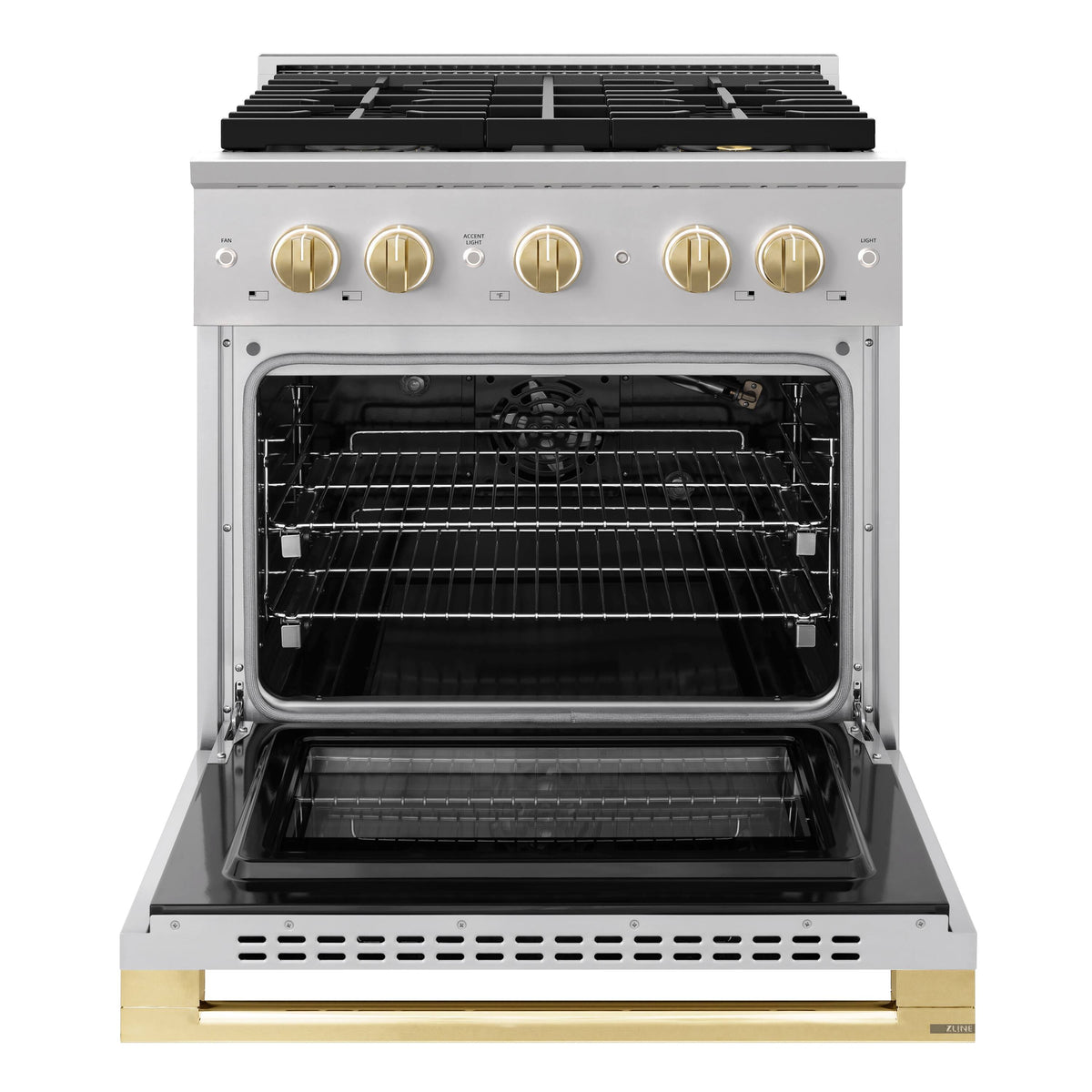 ZLINE - Autograph 30 in. 4.2 cu. ft. Marino Freestanding DuoPro Gas Range with Convection Oven & Polished Gold Accents - Stainless Steel