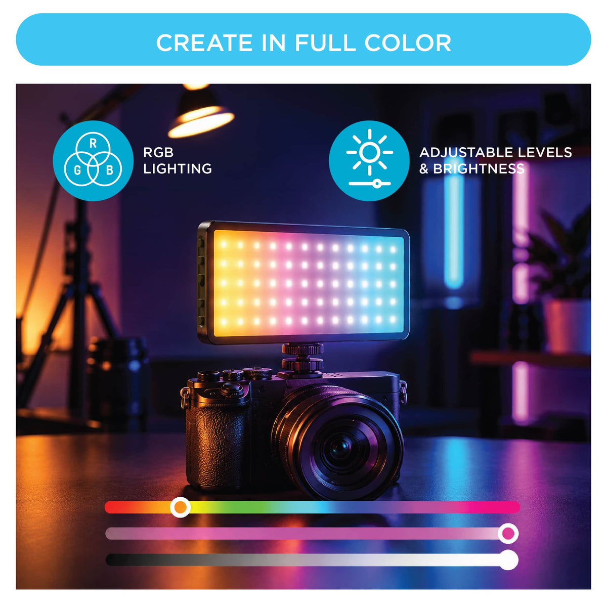 Bower - Aura Light Portable RGB LED Video Light with Rechargeable Battery and Cold Shoe Adapter - Black