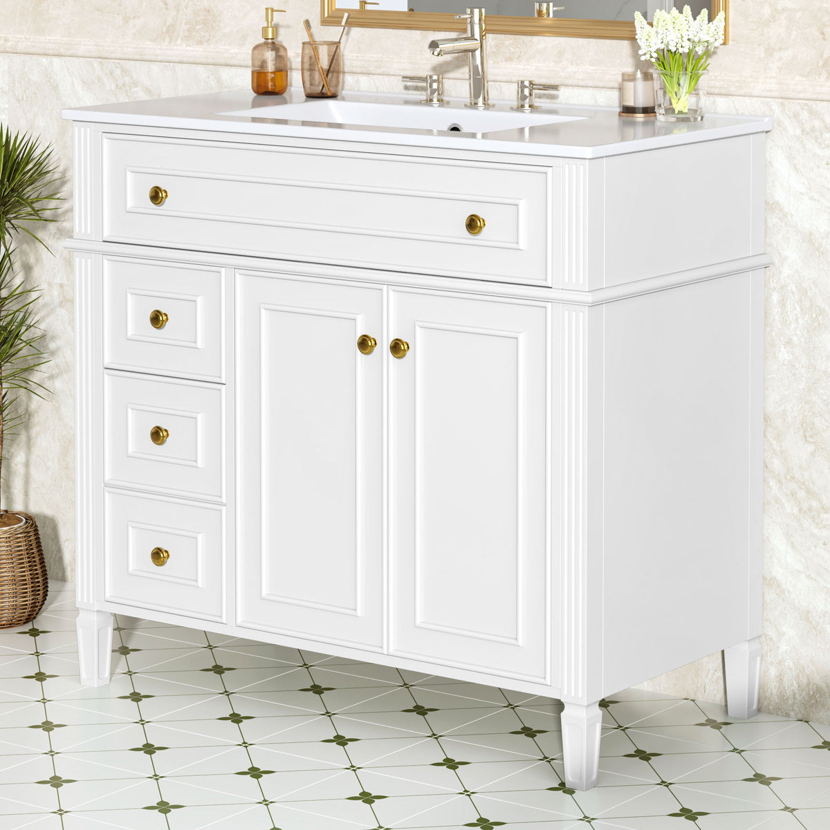 Mueble de baño con lavabo, 3 cajones y 2 puertas con cierre suave
