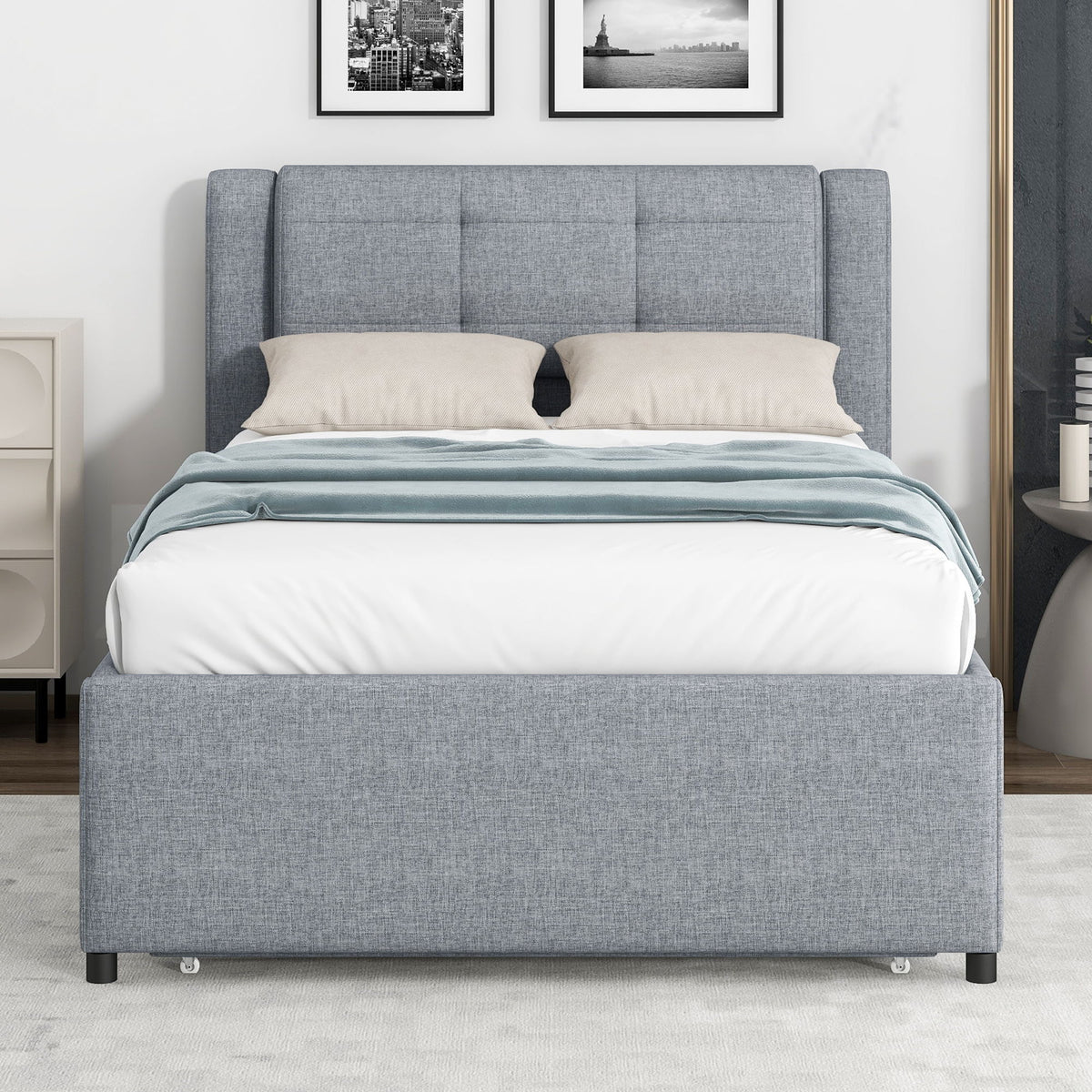 Cama tapizada tipo plataforma con cama nido multifuncional