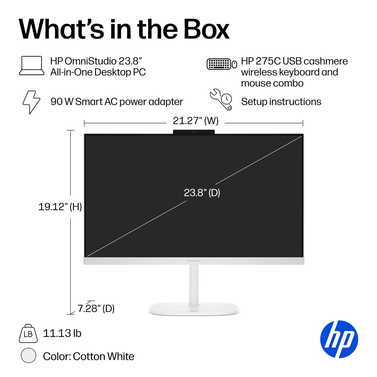 HP - OmniStudio 23.8" WLED Touchscreen All-in-One with Adjustable Height - Intel Core 3 304 (2026) - 8GB Memory - 512GB SSD - Cotton White
