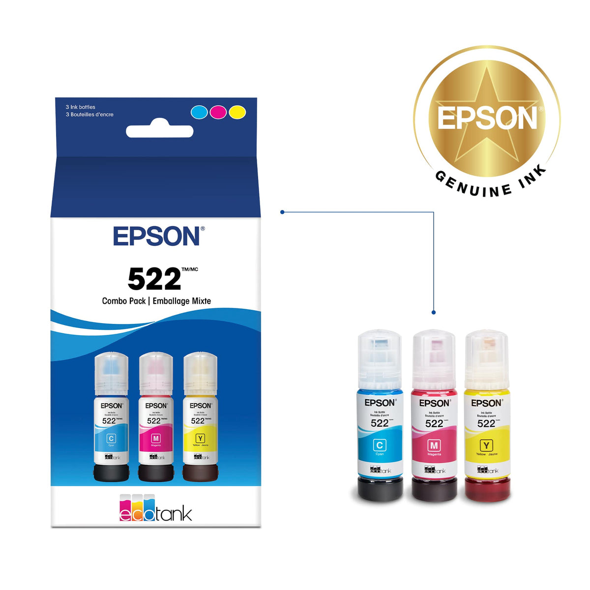 Epson - EcoTank 522 3-Pack Ink Bottles - Cyan/Magenta/Yellow