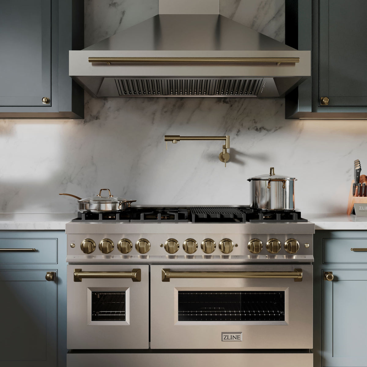 ZLINE - 48 in. Wide 8 Burner Autograph 6.0 cu. ft. Legacy Freestanding Dual Fuel Range with Convection Oven w/ Bronze Accents - Stainless Steel