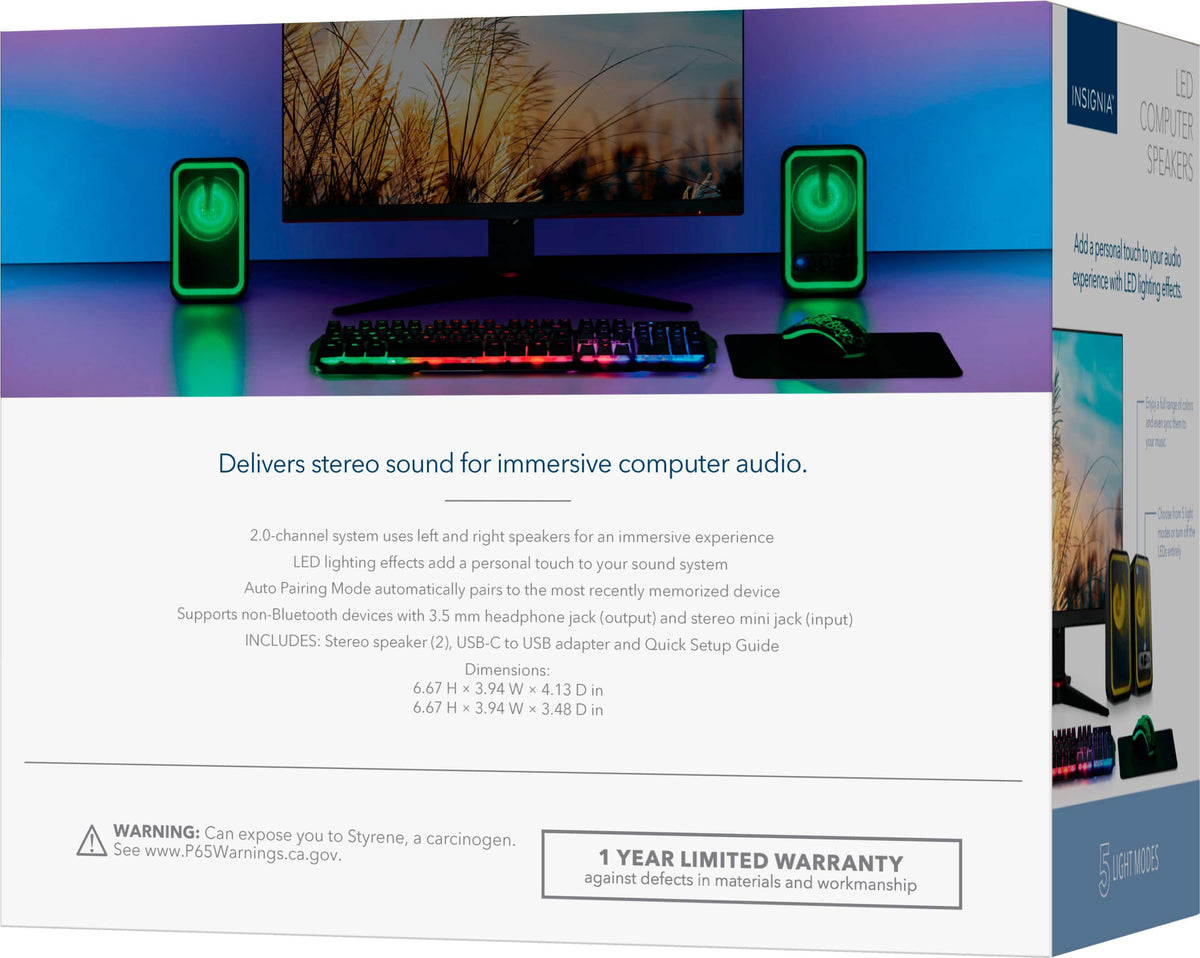 Insignia™ - 2.0 Bluetooth Computer Speakers with RGB Lighting (2-Piece) - Black