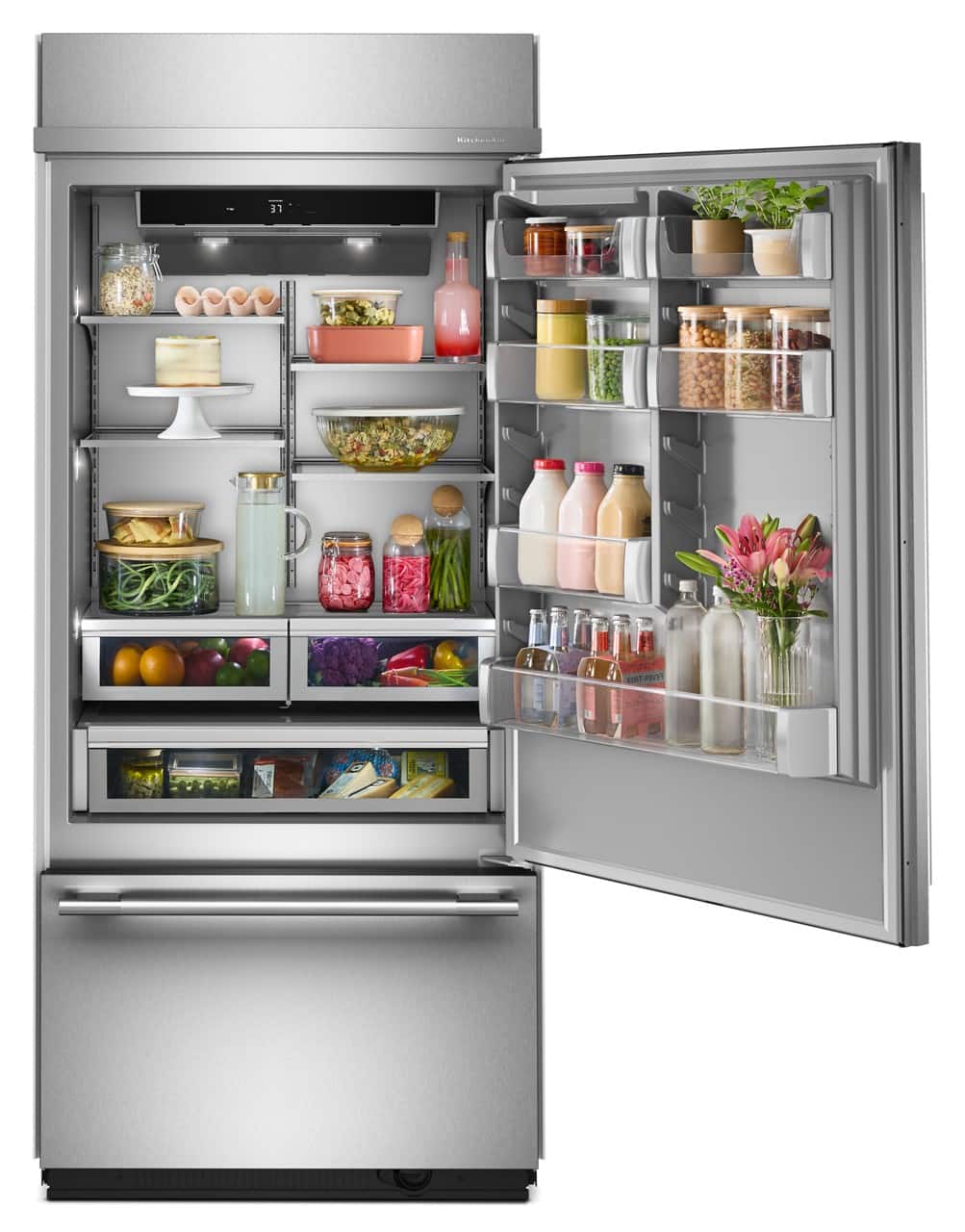 KitchenAid - 36 in. Wide 20.8 cu. ft. Built-In Bottom Mount Refrigerator with Platinum Interior - Stainless Steel