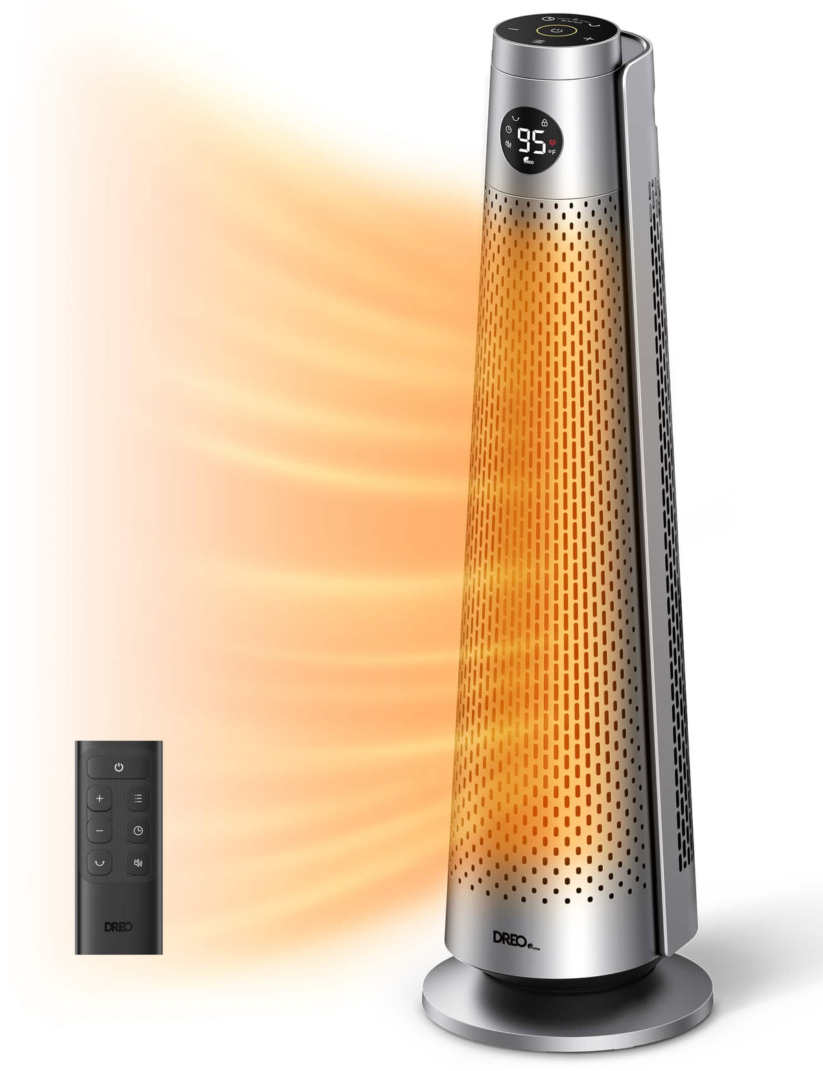 DREO - 30" Space Heater for Large Rooms, 120° Oscillation, Adjustable Thermostat, 5 Heat & 3 Fan levels, Solaris 818 - Silver