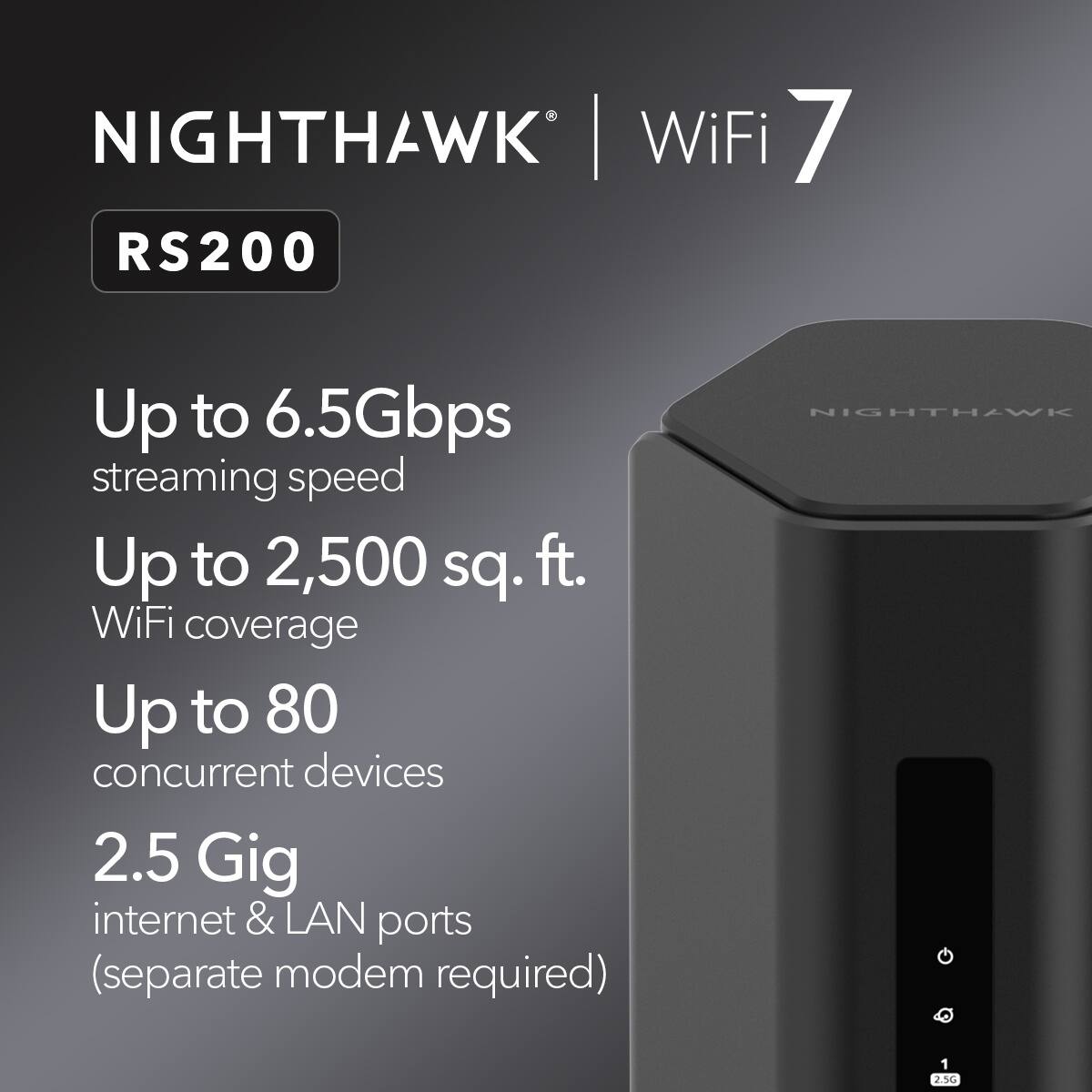 NETGEAR - Nighthawk WiFi 7 Router RS200, 6.5 Gbps, Up to 2,500 sq ft, 80 Devices - Black
