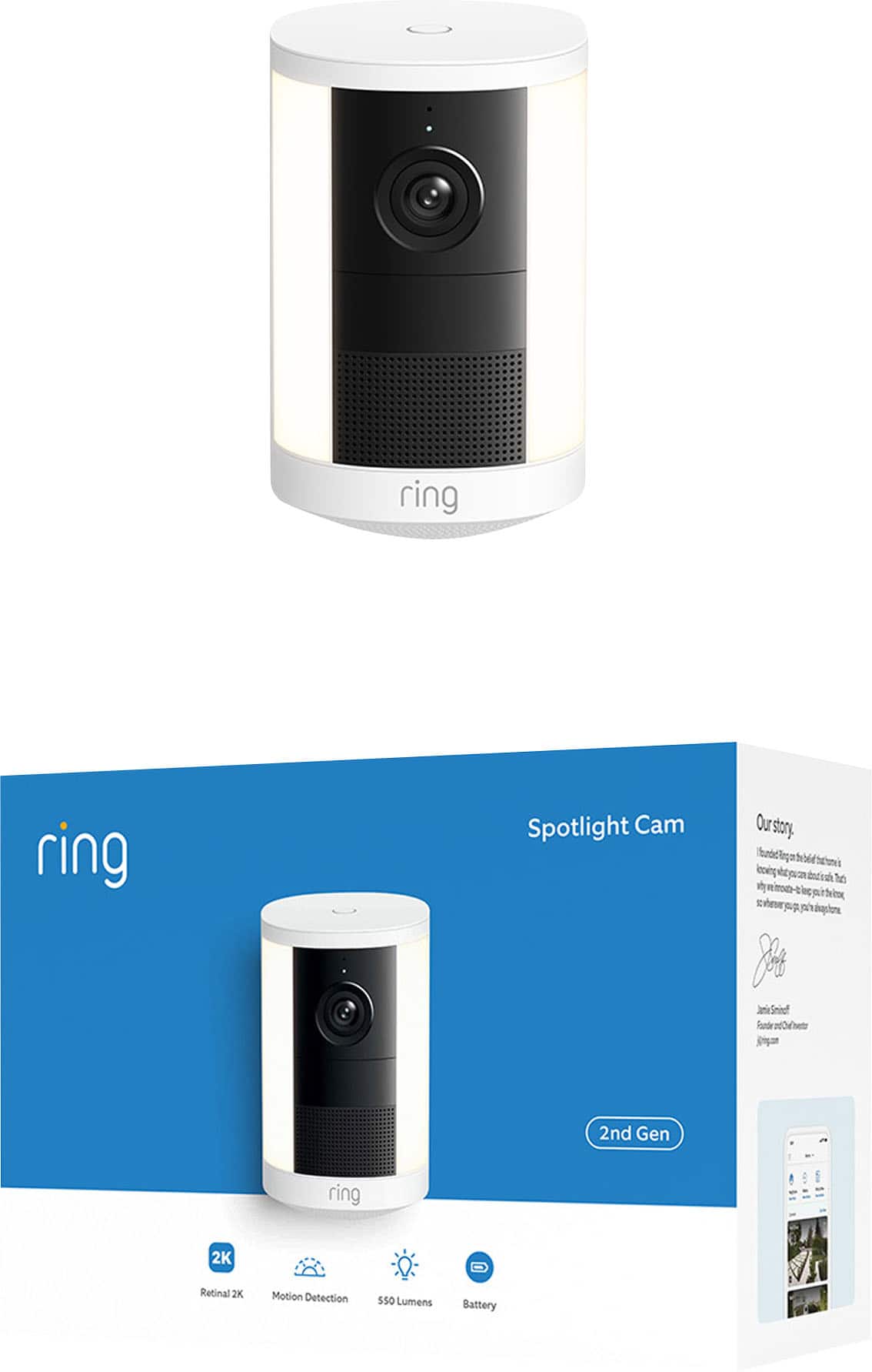 Ring - Spotlight Cam, Battery (newest model), Wide-Angle Retinal 2K Video, 6x Enhanced Zoom, Motion-Activated Spotlights - White