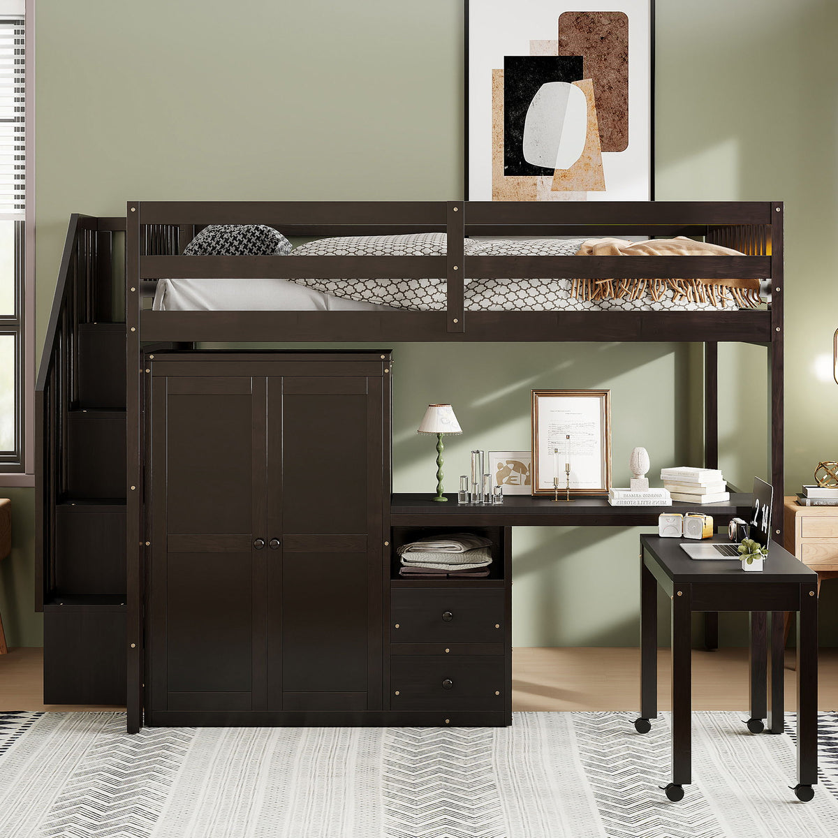 Loft Bed With Stairs, Bookshelf, Drawers, Desk & Wardrobe, Space Saving Multifunctional Furniture