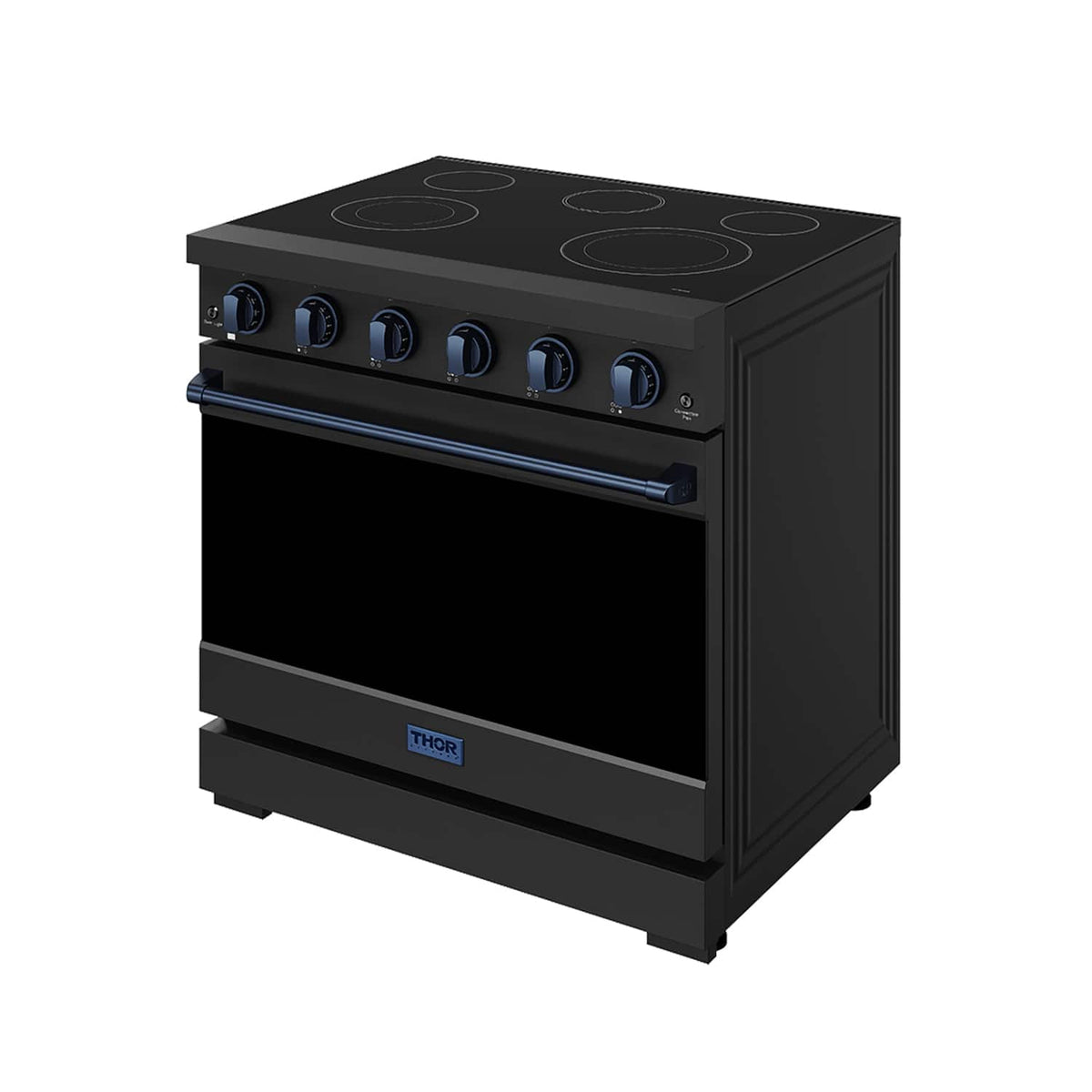 36 in. Wide 5 Elements Gordon Ramsay Series by Thor Kitchen 6.0 Cu.Ft Freestanding Electric Range with Navy Blue Handles - Black