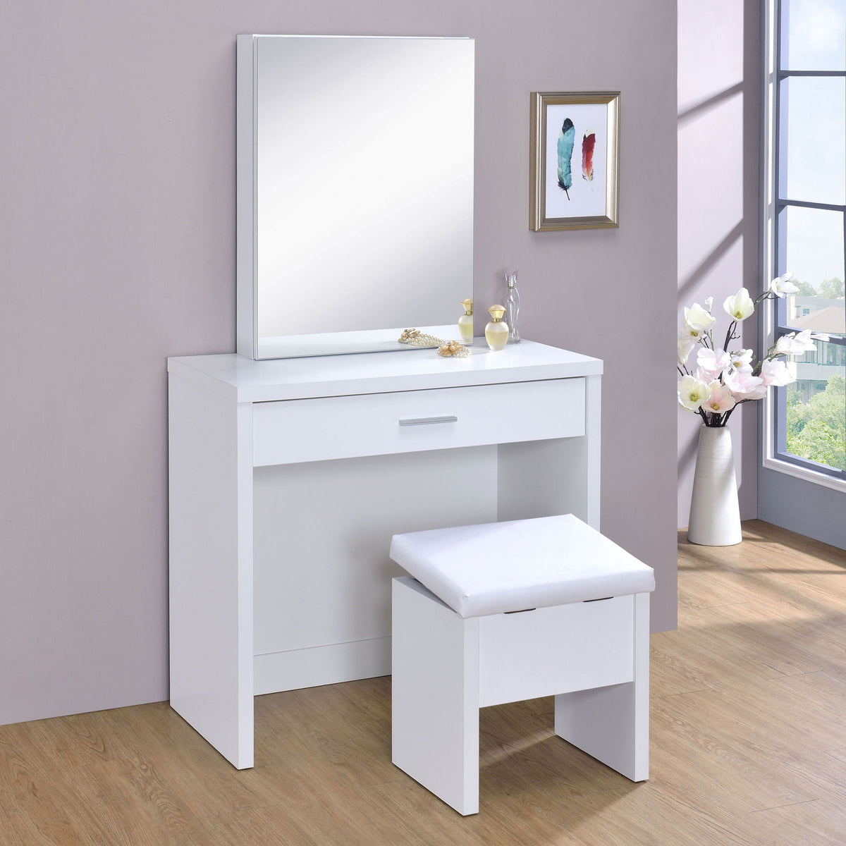 Walsh - Tocador de maquillaje con espejo y taburete - Blanco