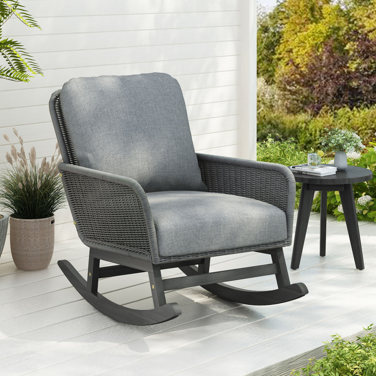 Contemporary Minimalist Wicker Rocking Chair With Soft Cushions