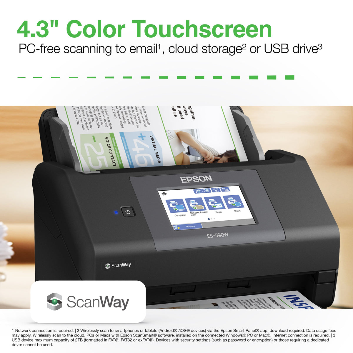 Epson - WorkForce ES-590W Wireless & USB High-Speed AI & Cloud Ready Desktop Color Duplex Document Scanner - Black