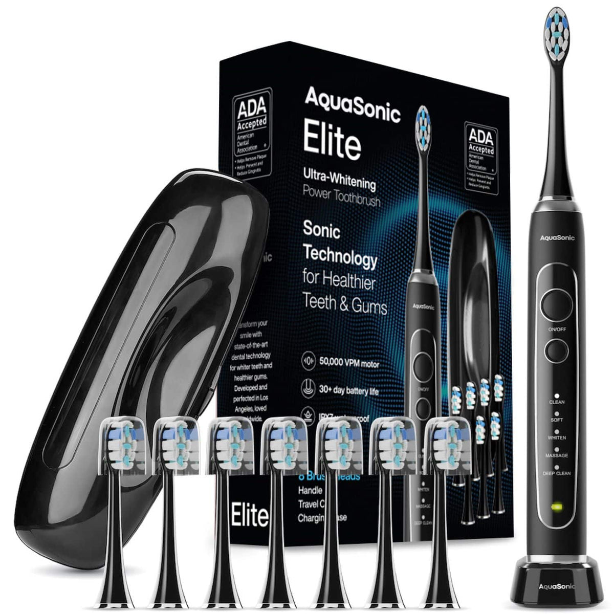 AquaSonic - Elite - Ultra-Whitening Rechargeable Toothbrush - Black